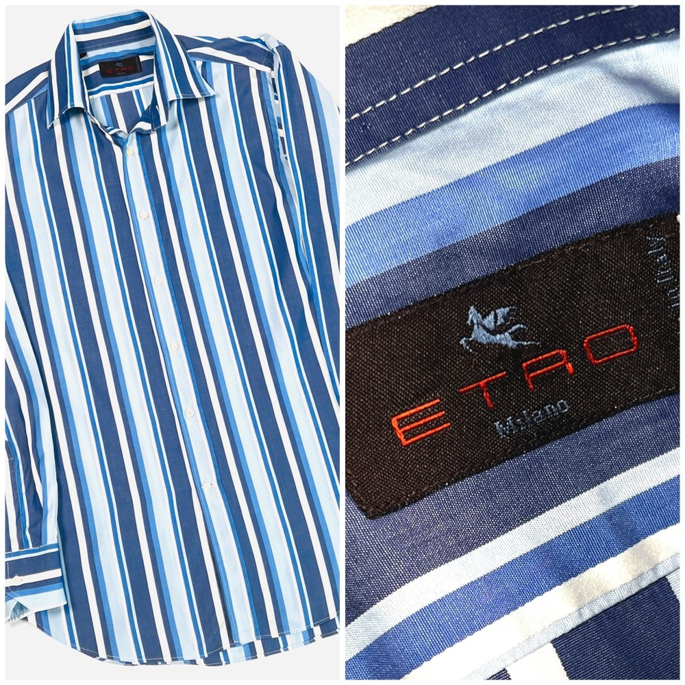 Etro Mens Shirt Striped Button-Up Shirt Size 40 Blue White